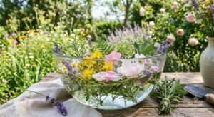 L'acqua di san giovanni la sera della preparazione con i fiori e le piante raccolti agli Orti Dipinti, l'Urban Garden nel cuore di Firenze.