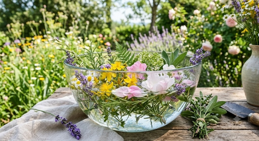 L'acqua di san giovanni la sera della preparazione con i fiori e le piante raccolti agli Orti Dipinti, l'Urban Garden nel cuore di Firenze.