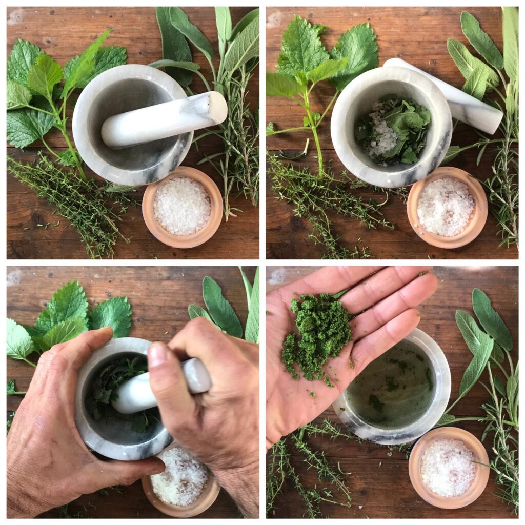 I quattro step principali per creare i sali aromatici durante i workshop agli Orti Dipinti, l'Urban Garden nel cuore di Firenze.